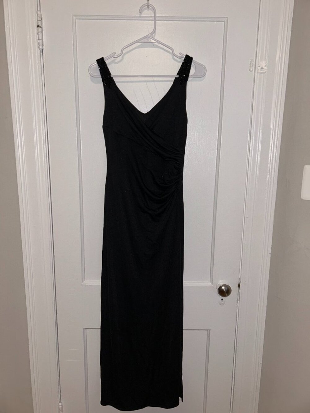 Vintage-style Ralph Lauren black evening gown. Metallic. Beaded shoulder straps